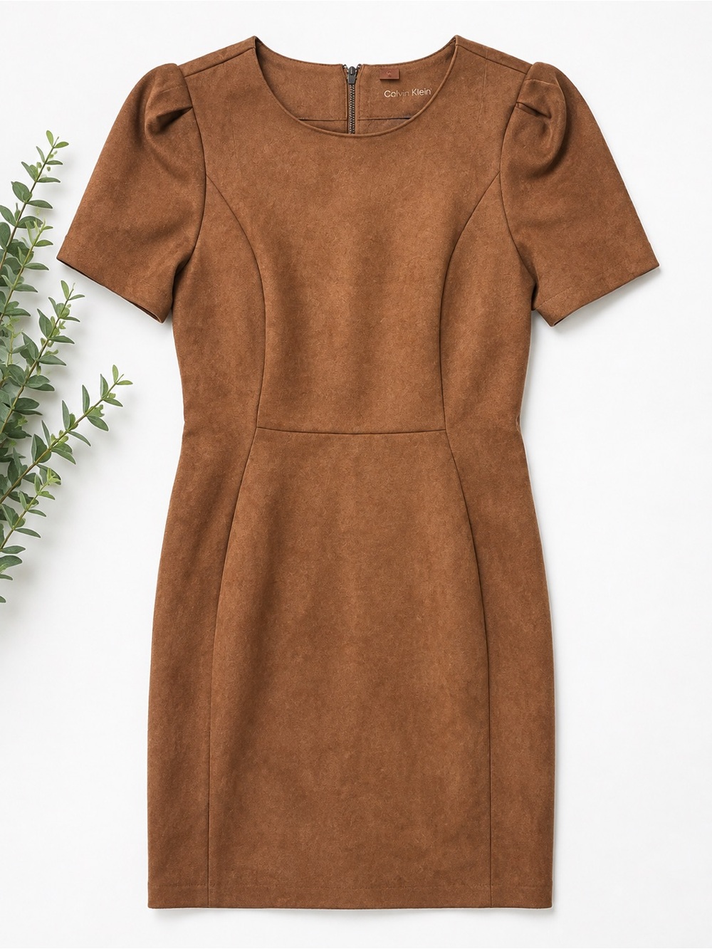 Calvin Klein Size 10 Brown Faux Suede Sheath Dress Puff Sleeve Career Midi
